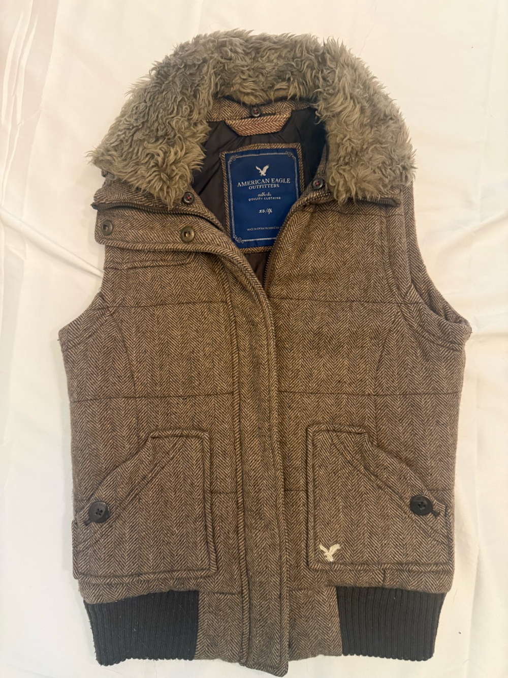 American Eagle Outfitters Brown Herringbone Quilted Vest with Faux Fur Collar